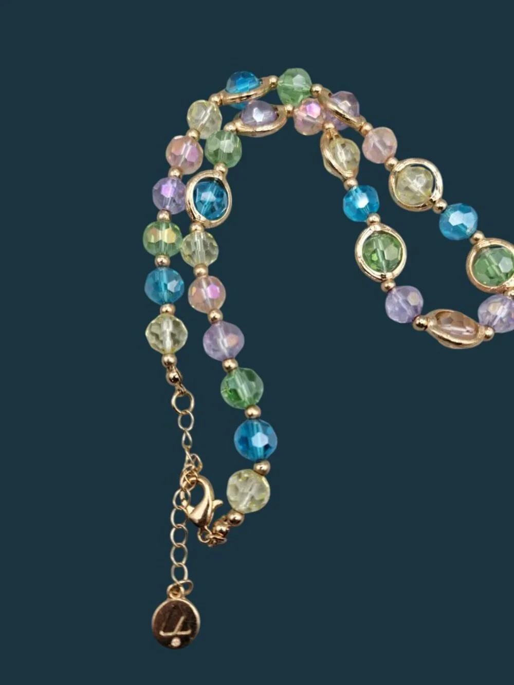 VTG Liz Claiborne Multi Color Crystal Station Necklace Gold Tone Est 1976 19
